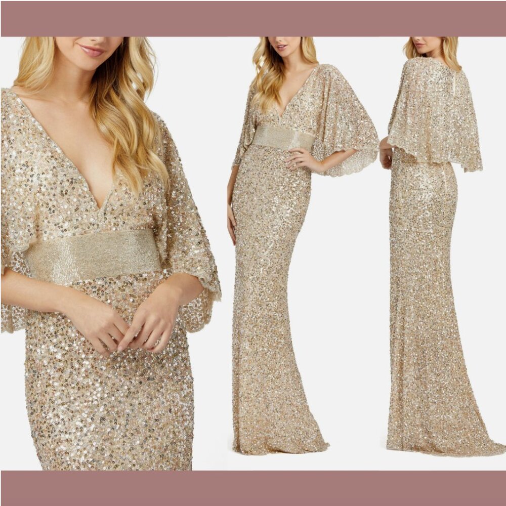 NEW $698 Mac Duggal [ 10 ] Sequined V Neck Cape Sleeve Beaded Gown Nude #Q704‎